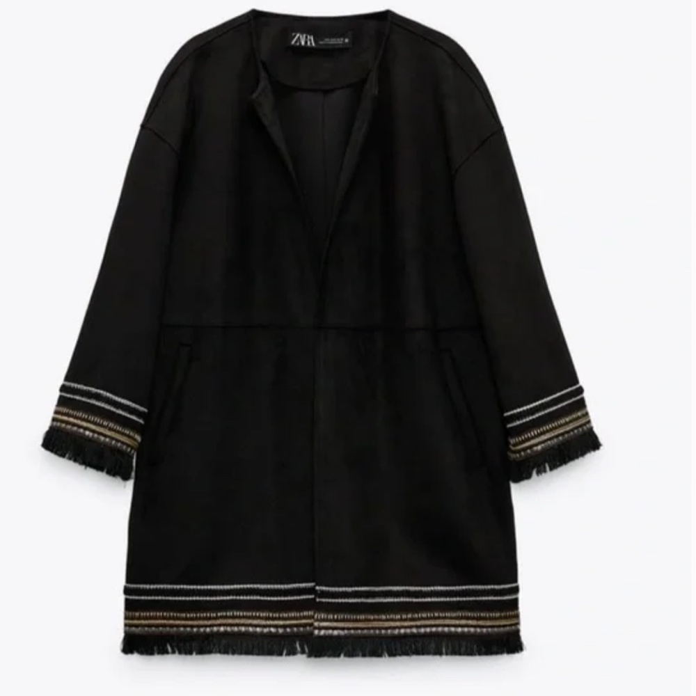 ZARA NWT Faux Suede Fringe Embroidered Open Front Jacket Boho Western XXL - Picture 11 of 13